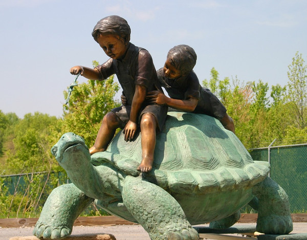Two Boys Riding Turtle Bronze Sculpture Statue